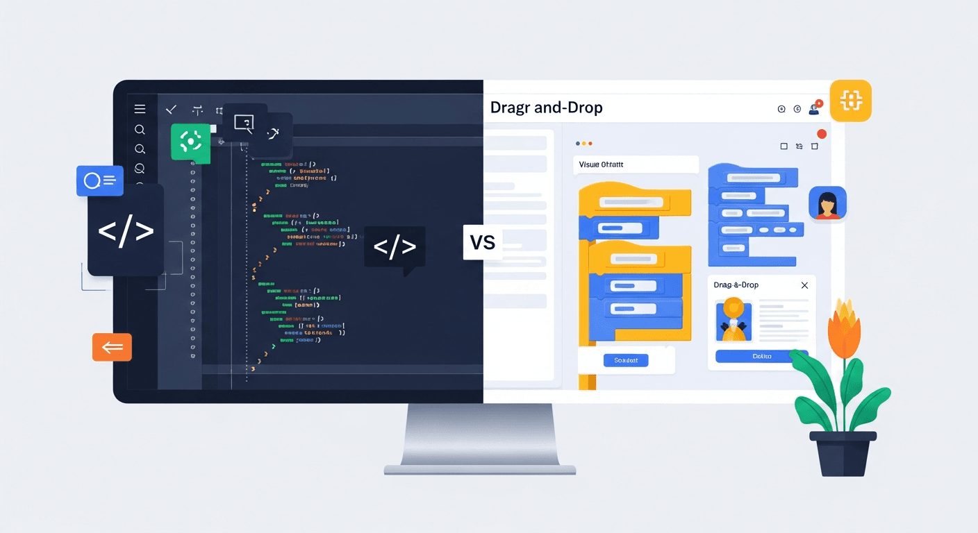 A clean, modern split-screen illustration comparing two development approaches. Left side shows a computer screen with code editor interface, programming symbols, and technical elements like brackets and syntax highlighting in dark blues and greens. Right side shows a bright, user-friendly visual interface with drag-and-drop building blocks, colorful UI components, and intuitive design elements. The composition should feel balanced and professional, with a subtle dividing line between the two approaches. Minimalist style, tech-focused, business-appropriate color palette.