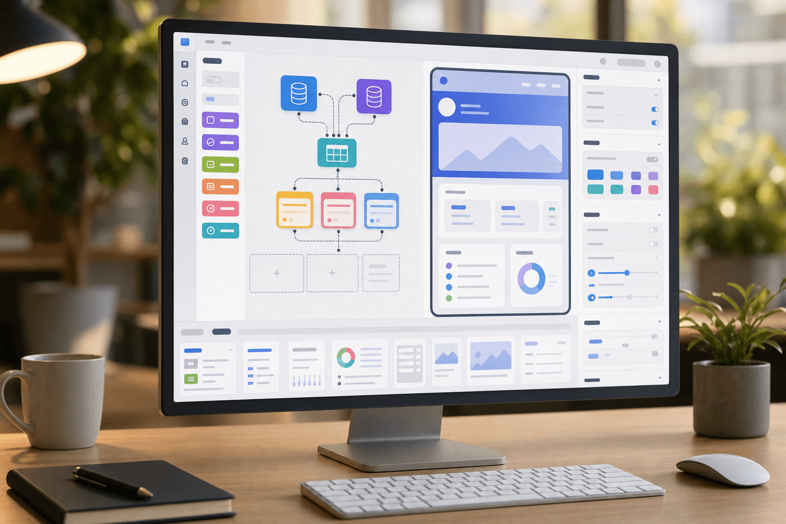 A clean, modern workspace showing a visual app builder interface on a computer screen with drag-and-drop components, form fields, and database connections being configured. The interface should show a no-code platform with visual blocks, connection lines between data sources, and a preview of a client portal being built. Professional business setting with a desk, subtle background blur, warm natural lighting. The screen should display colorful UI elements, data connectors, and configuration panels in an organized layout. No text or words visible on any interface elements.
