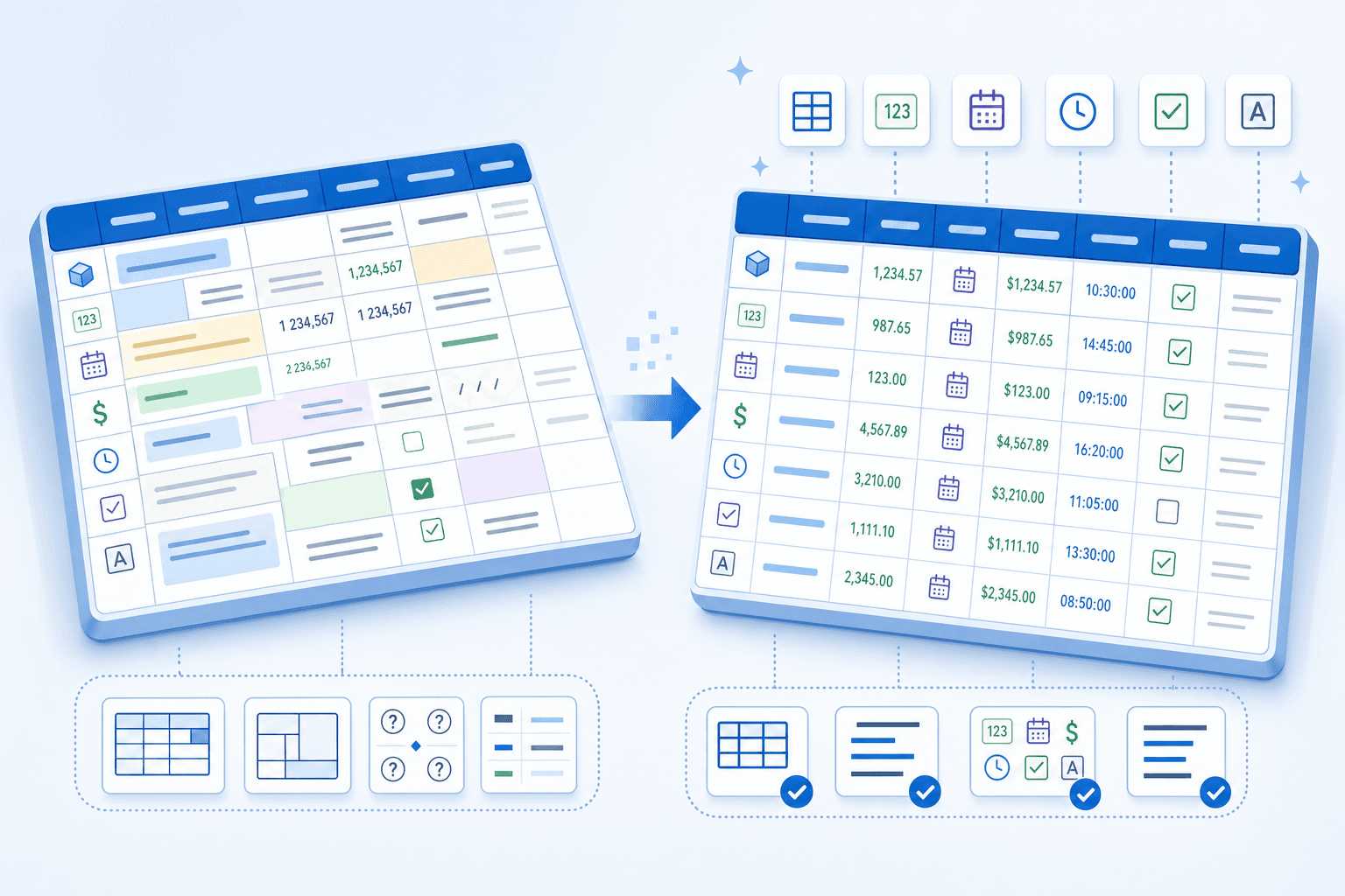 A clean, professional illustration showing the transformation of messy spreadsheet data into organized, structured data. On the left side, show a chaotic spreadsheet with merged cells, inconsistent formatting, blank rows, and mixed data types. On the right side, show the same data cleaned and organized with neat columns, consistent formatting, proper headers, and uniform data structure. Use a modern, minimal style with blue and white color scheme, isometric perspective. Include visual elements like checkmarks, alignment guides, and data type icons to emphasize the cleaning process.