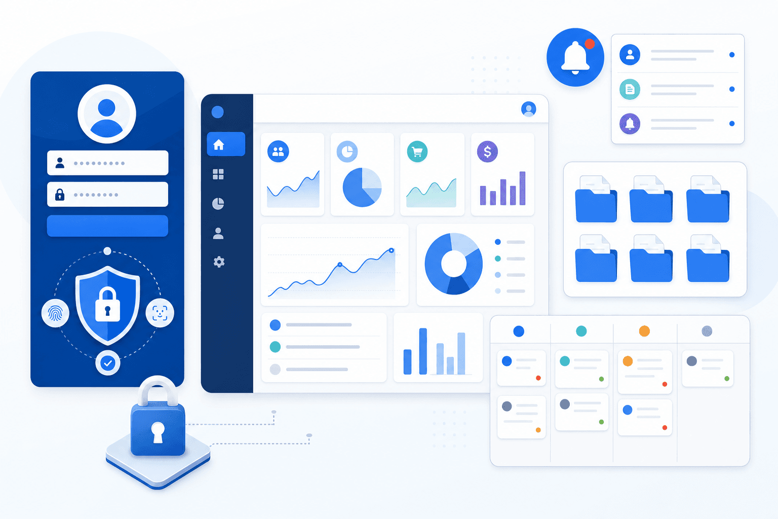 A clean, modern illustration showing the core components of a customer portal interface. Display a secure login screen with authentication symbols, a dashboard with data cards and graphs, file folder icons representing document management, a ticket tracking board with status indicators, and notification bell icons. Use a professional color palette with blues and whites. Isometric or flat design style, no text or words visible.