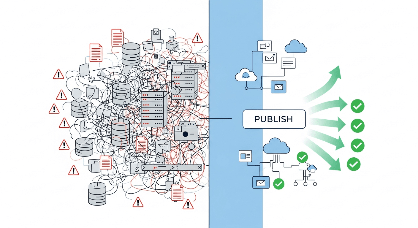 A modern, professional illustration showing the contrast between complex deployment versus simple publishing. Left side shows a chaotic technical scene with tangled servers, configuration files, database connections, error symbols, and infrastructure complexity in muted grays and reds. Right side shows a clean, simple scene with a single publish button, green checkmarks, organized cloud infrastructure, and smooth workflow in calming blues and greens. Split-screen composition with clear visual separation. Minimalist business style, no text or letters.