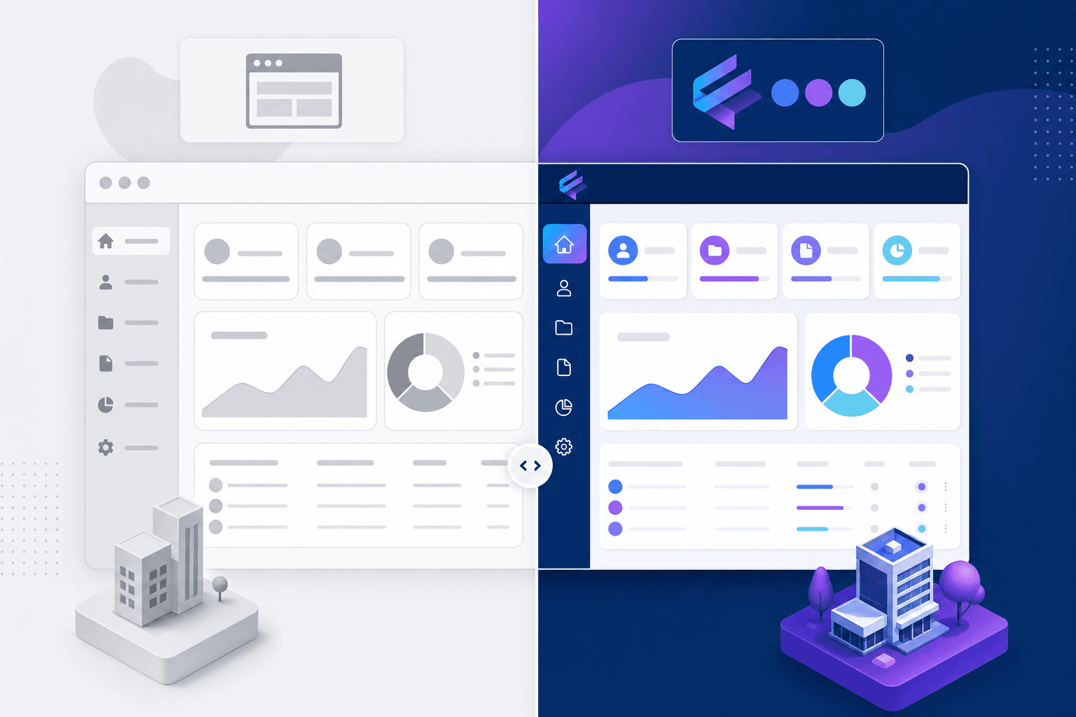 A professional illustration showing a white-label client portal interface transformation. Split-screen comparison showing a generic portal on one side and a fully branded custom portal on the other side. The branded side features custom logo placement, color theming, and custom domain branding elements. Modern, clean business software aesthetic with blues, purples, and professional colors. Flat or isometric design style. No text, words, or letters visible anywhere in the image.