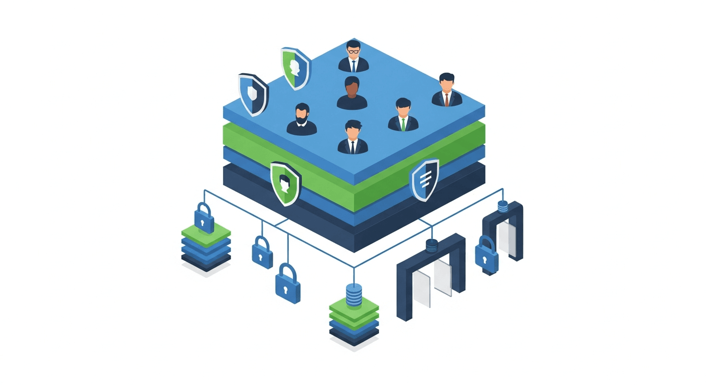 A clean, modern illustration showing a multi-layered permission system for a business application. Show multiple user profiles or avatars at different levels, each with different levels of access represented by varying degrees of visibility or connection to data layers below. Use a professional color scheme with blues, greens, and grays. Include visual metaphors like shields, locks, or layered access gates showing granular control. Isometric or flat design style, minimalist and technical but approachable. No text or labels.