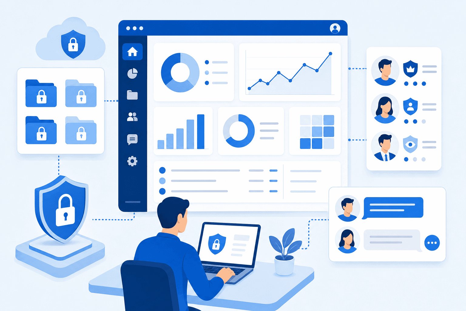 A clean, modern illustration of a client portal interface showing multiple features: secure file folders with lock icons, a dashboard with data visualizations, user profile icons representing different permission levels, and communication message bubbles. The design should be professional with a blue and white color scheme, isometric or flat design style, showing interconnected portal features in a cohesive layout.