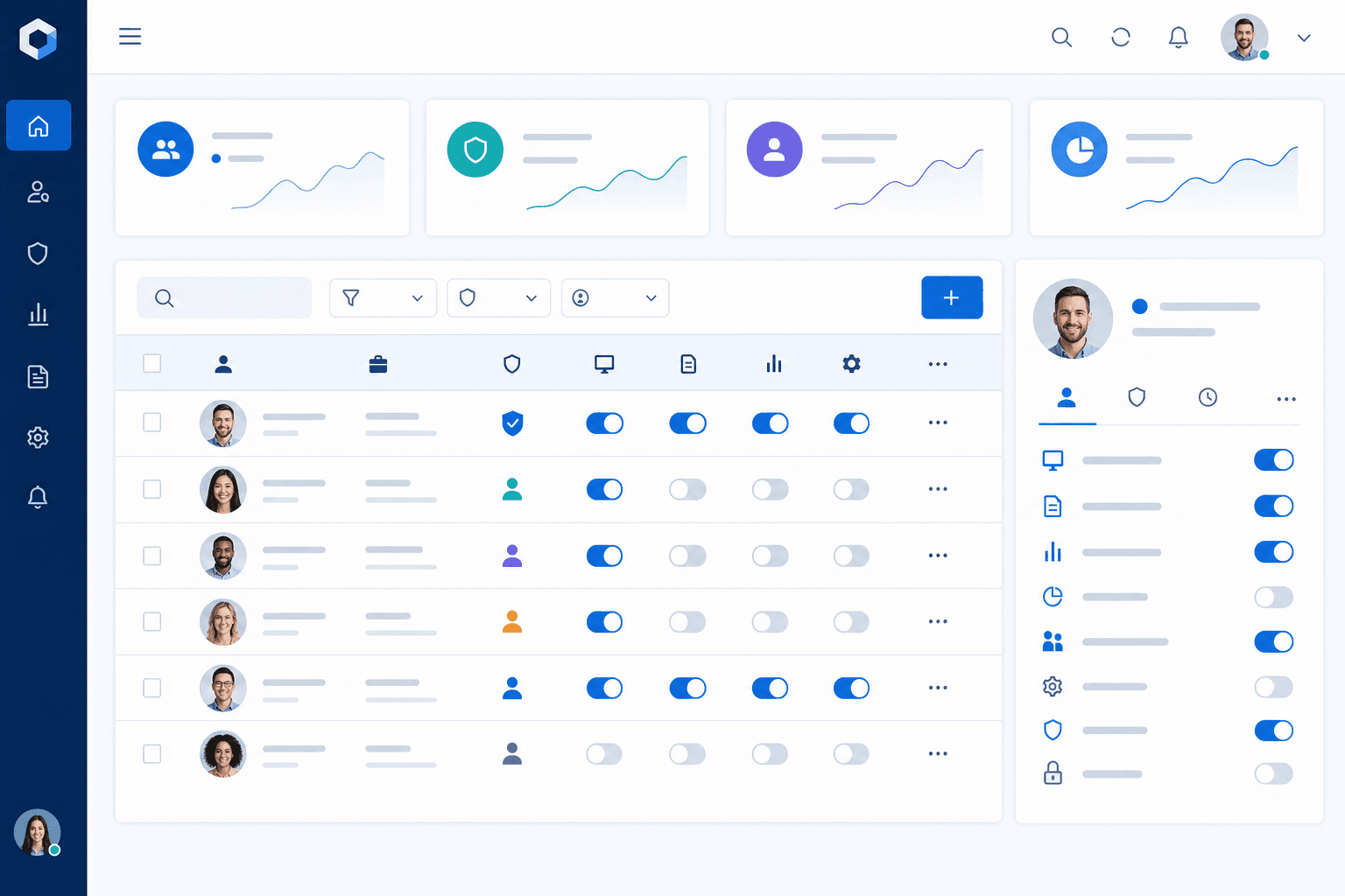 Modern web application interface showing a clean dashboard with data tables, filtered views, and user access controls. Professional business software aesthetic with organized rows of information, toggle switches for permissions, and a contemporary flat design style. Blue and white color scheme, showing multiple user profiles with different access levels indicated by icons.