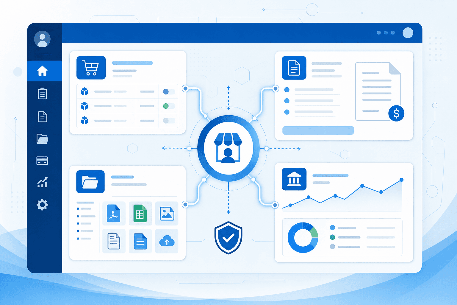 A clean, modern illustration of a vendor portal dashboard interface showing multiple connected components: purchase order management, invoice submission, document storage, and payment tracking. The style should be professional business software visualization with organized panels, data flows, and a central hub connecting different vendor management features. Use a blue and white color scheme with subtle geometric shapes representing digital connectivity and workflow automation.