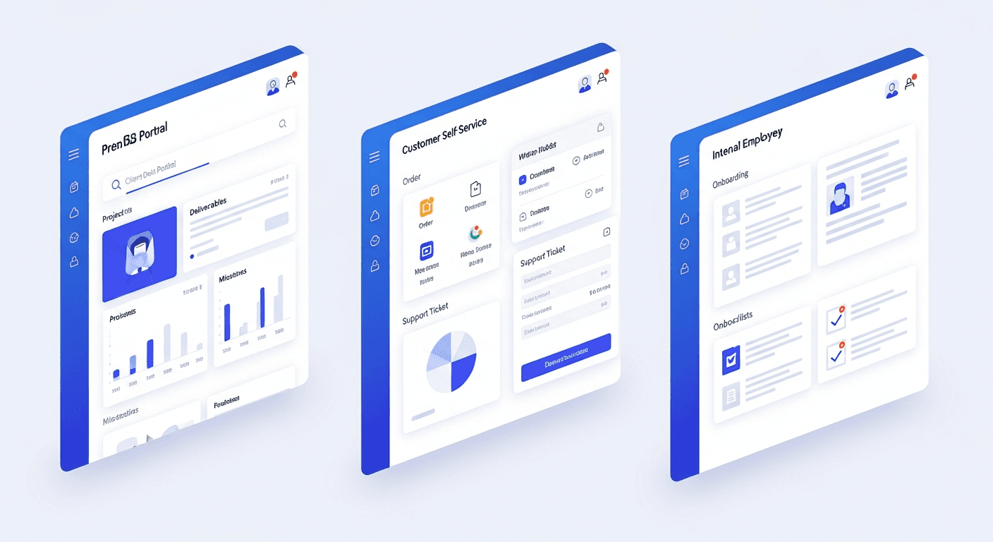 Three distinct digital portal interfaces side by side showing different use cases: left shows a professional B2B client portal with project deliverables and milestone tracking, center shows a customer self-service portal with order tracking and support ticket interface, right shows an internal employee portal with HR documents and onboarding checklists, modern clean UI design, blue and purple gradient color scheme, isometric perspective, professional business software aesthetic