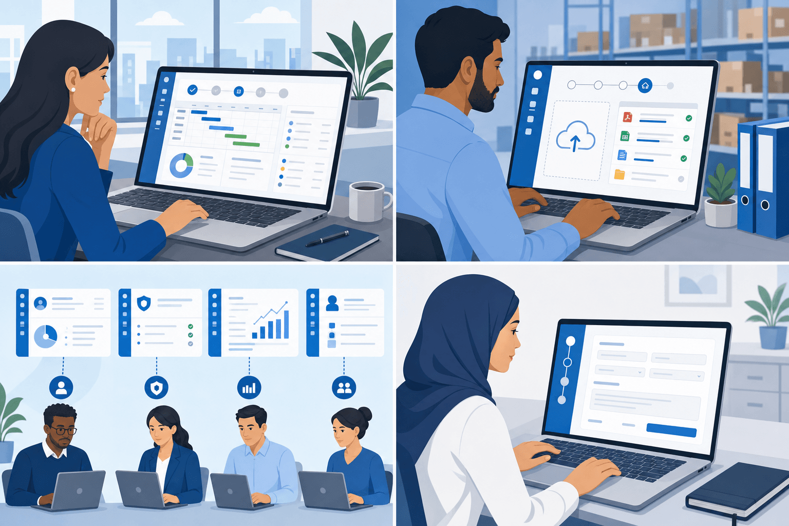Professional illustration showing multiple business portal use cases in a split-screen or grid layout. Show four distinct scenarios: a client reviewing project status on a laptop, a vendor submitting documents through a portal interface, internal team members accessing role-specific dashboards, and someone filling out an application form. Modern, clean business aesthetic with diverse professionals. Flat design style with blue and white color scheme, organized layout showing different portal workflows simultaneously.