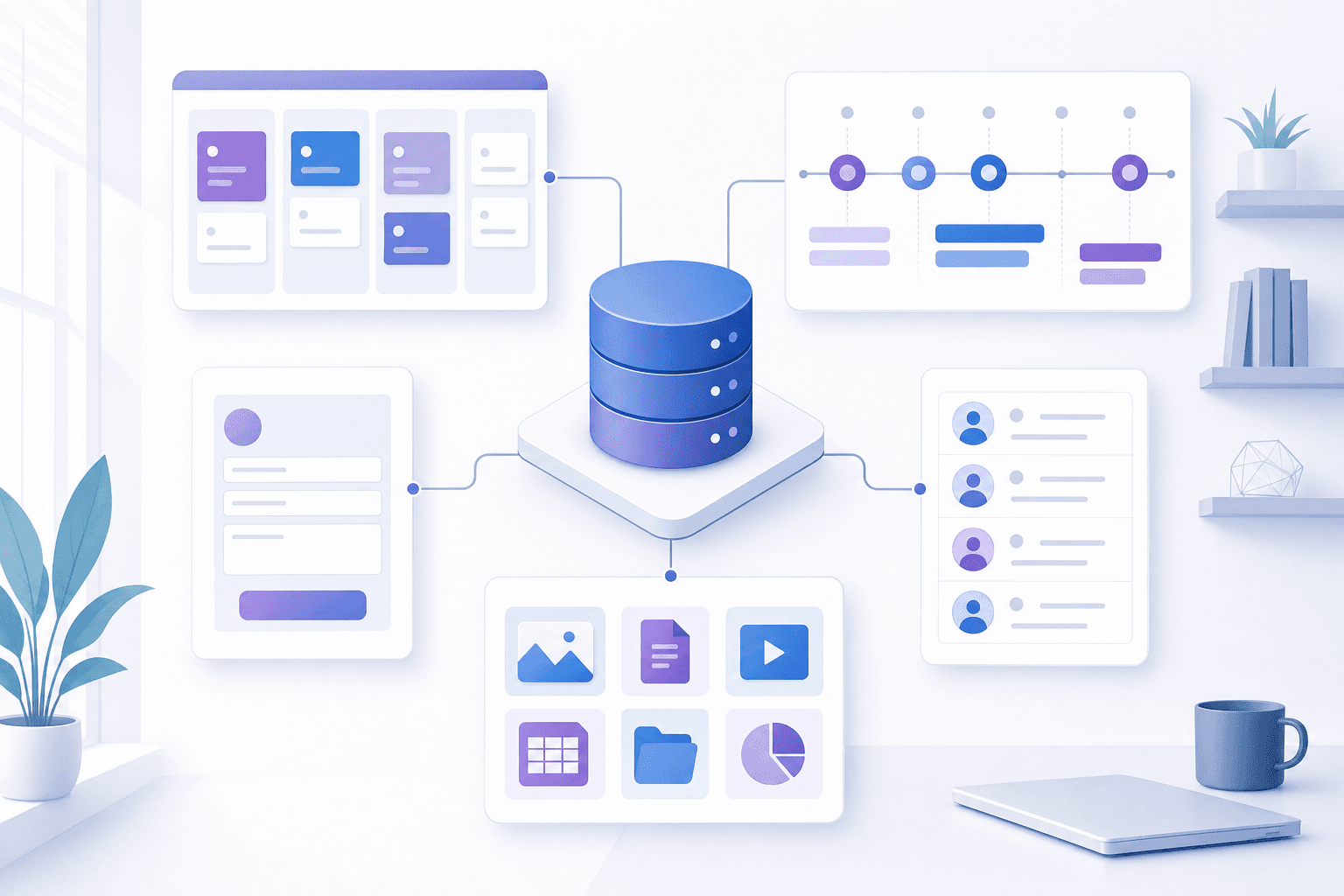 A clean, modern illustration showing five interconnected database components organized in a workspace layout. Show visual representations of project management boards, event timelines, request forms, contact lists, and resource libraries connected by subtle lines or relationships. Use a professional color palette with blues, purples, and whites. The style should be minimal, geometric, and business-focused, resembling a workflow diagram or system architecture view. No text, words, or letters.