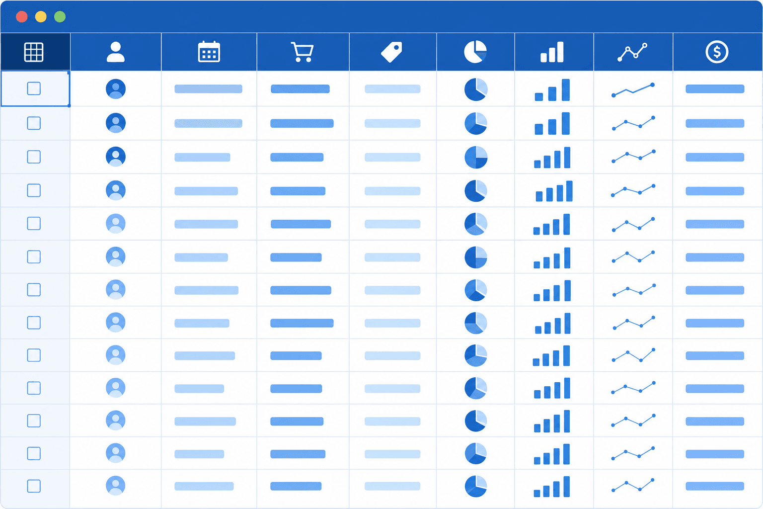 A clean, organized spreadsheet layout with clear column headers, consistent data rows, and proper structure. Show a bird's eye view of a well-formatted data table with distinct columns and rows in a grid pattern, using professional blue and white tones. The spreadsheet should look tidy and structured with no merged cells, clear header row, and uniform data entries. Modern, minimalist illustration style.