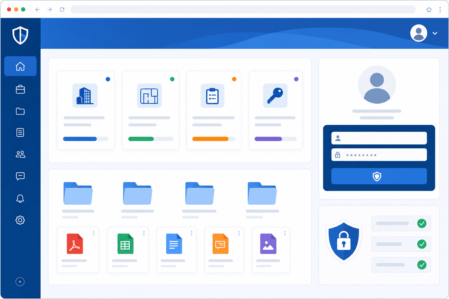A modern, clean web interface showing a client portal dashboard with multiple panels displaying project status cards, document folders, and a secure login area. The design should be professional and minimalist, using a blue and white color scheme with subtle gradients. Show visual elements like progress bars, file icons, and user profile indicators arranged in an organized grid layout. The perspective should be a straight-on view of a computer screen or browser window displaying the portal interface.