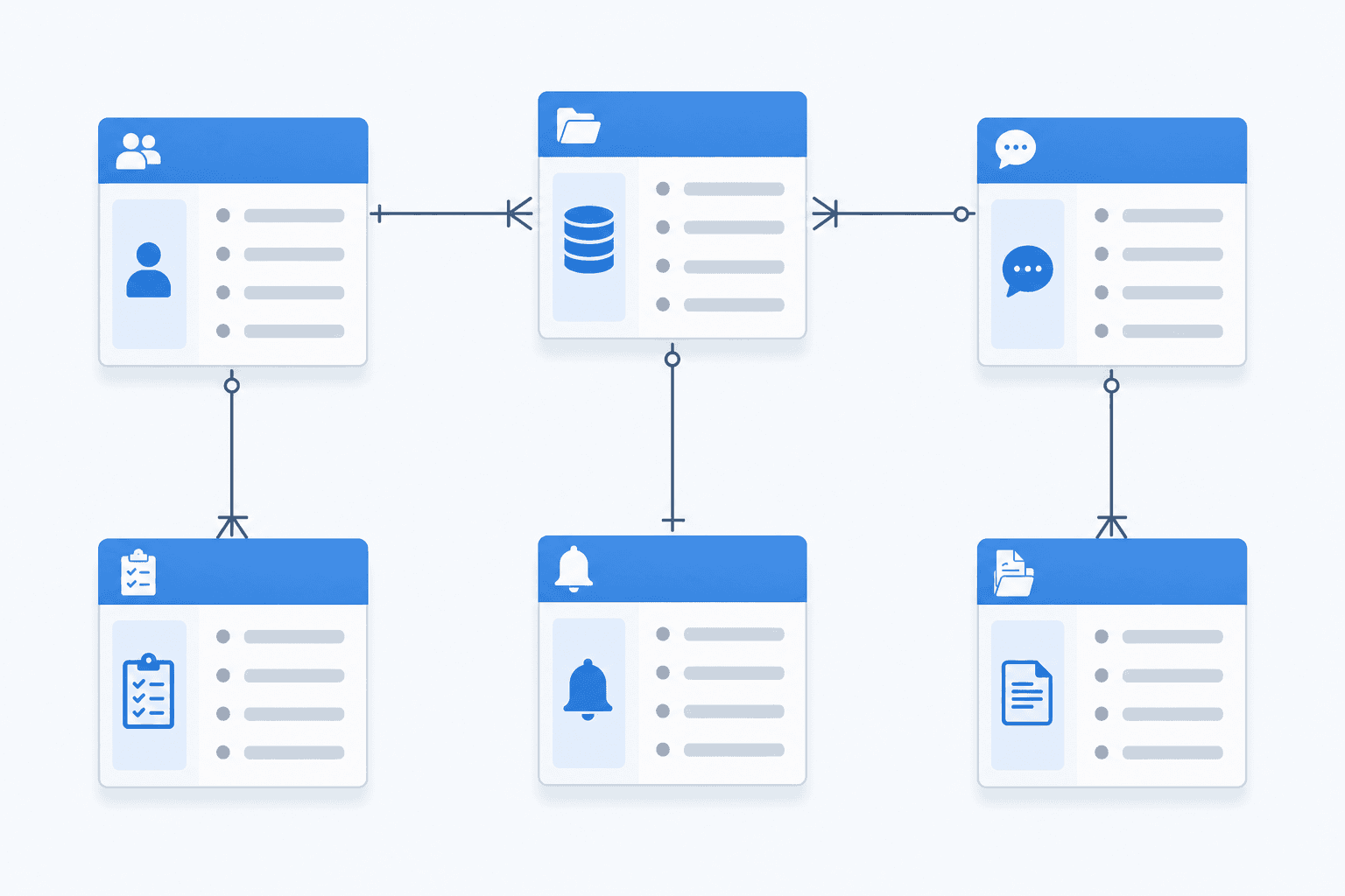 A clean, professional diagram showing five interconnected database tables or boxes representing a client portal system. The databases are labeled Projects, Contacts, Updates, Requests, and Resources, connected by relationship lines showing how they link together. Modern, minimal design with a light background, using soft blue and gray colors. Isometric or flat design style, business software aesthetic.