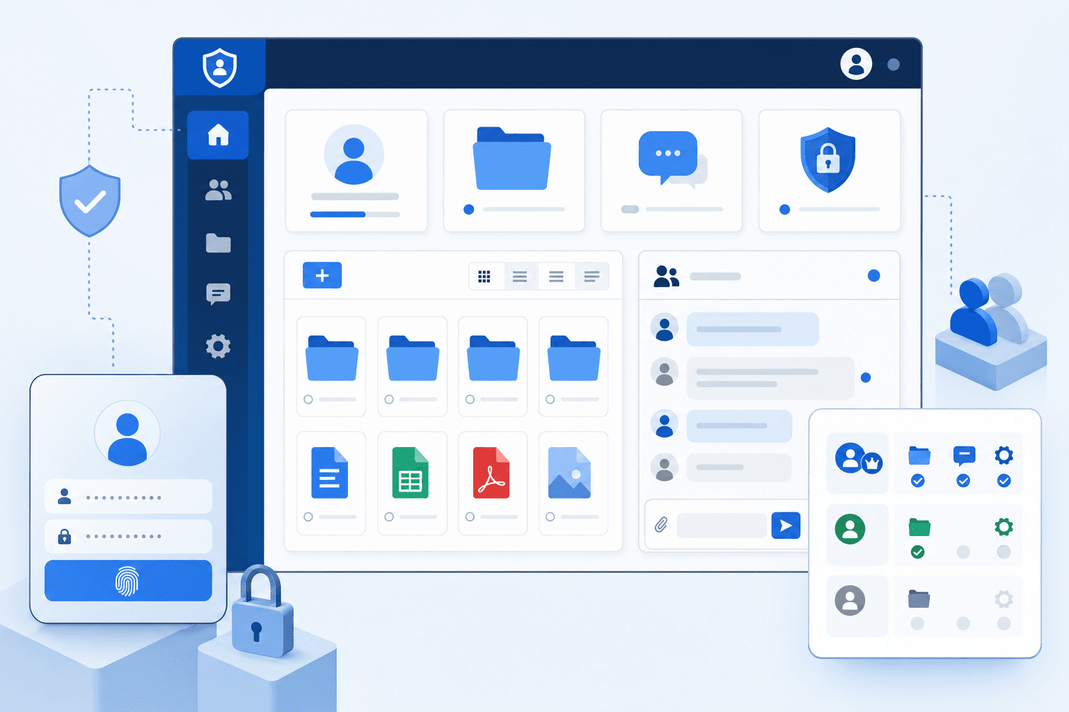 A modern, professional illustration of a client portal dashboard interface showing key features: secure login with user authentication icon, document folders and file management area, messaging or communication panel, and role-based access controls. Clean, minimalist design with a business software aesthetic, using blues and grays. Isometric or flat design style showing multiple interface components organized in a cohesive layout. No text, words, or letters visible.